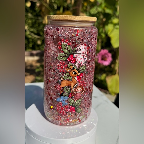 Rudolph the red nosed reindeer snow globe can glass tumbler 16oz - Picture 3 of 4